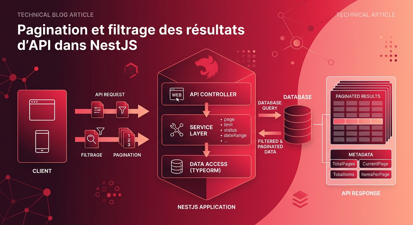 Schéma illustrant la pagination et le filtrage d'une API NestJS