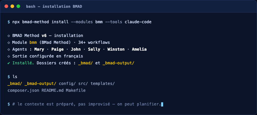Terminal : installation de BMAD-METHOD V6 (module bmm), création des dossiers _bmad/ et _bmad-output/